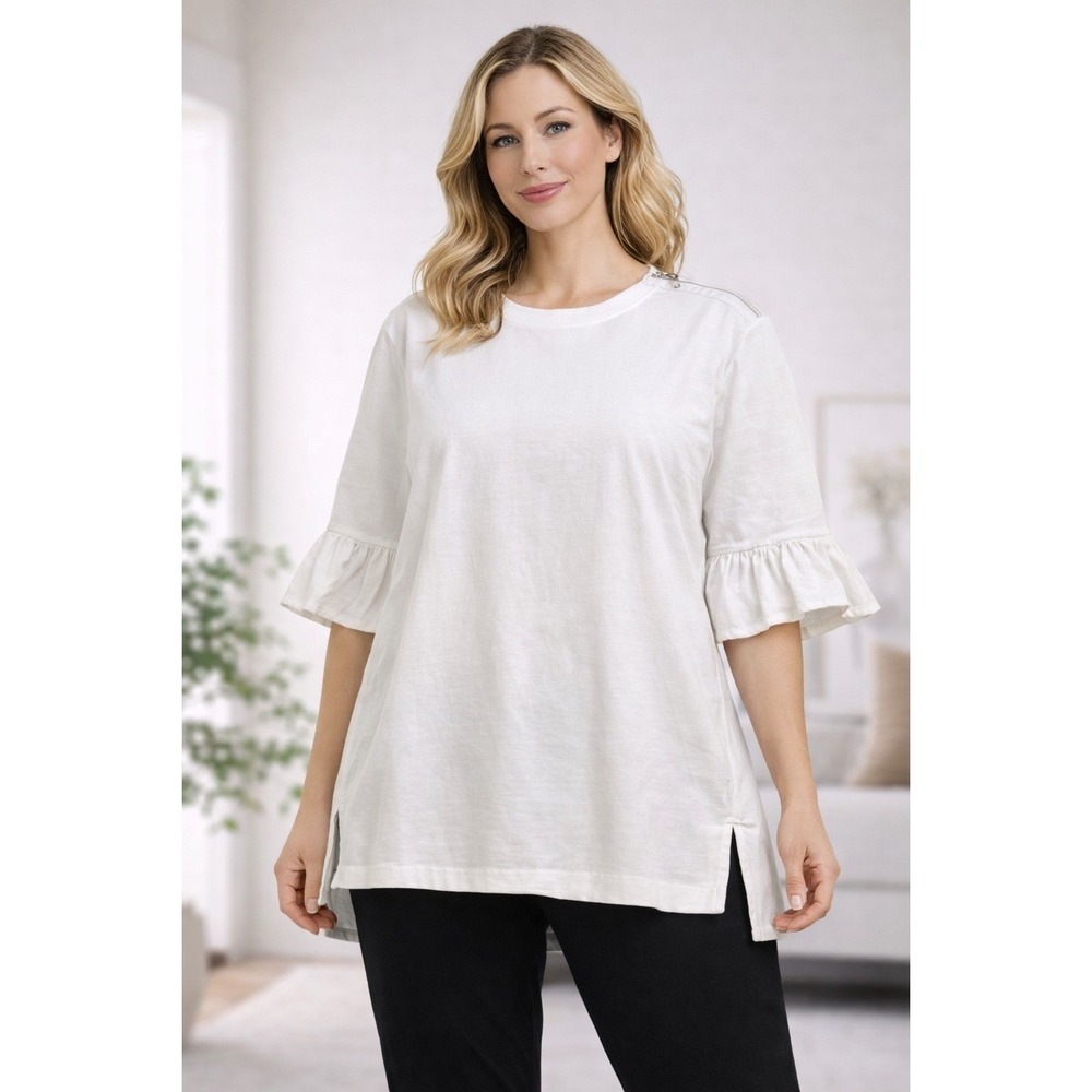 MONCLER White Cotton Ruffle Sleeve Zipper Detail Tunic Top‎ Women's Size